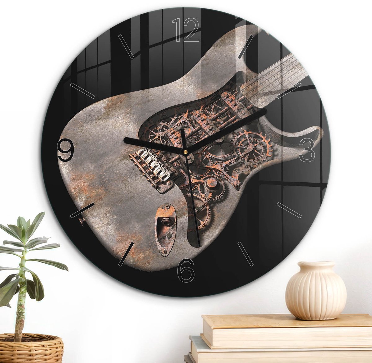 ArtPrintCave Grijs Glazen Klok - Wandklok 30 cm - Muurklok Rond - Industriële Gitaar Unieke Klok - Abstractie Stille Wandklok - Zwarte Klokwijzers