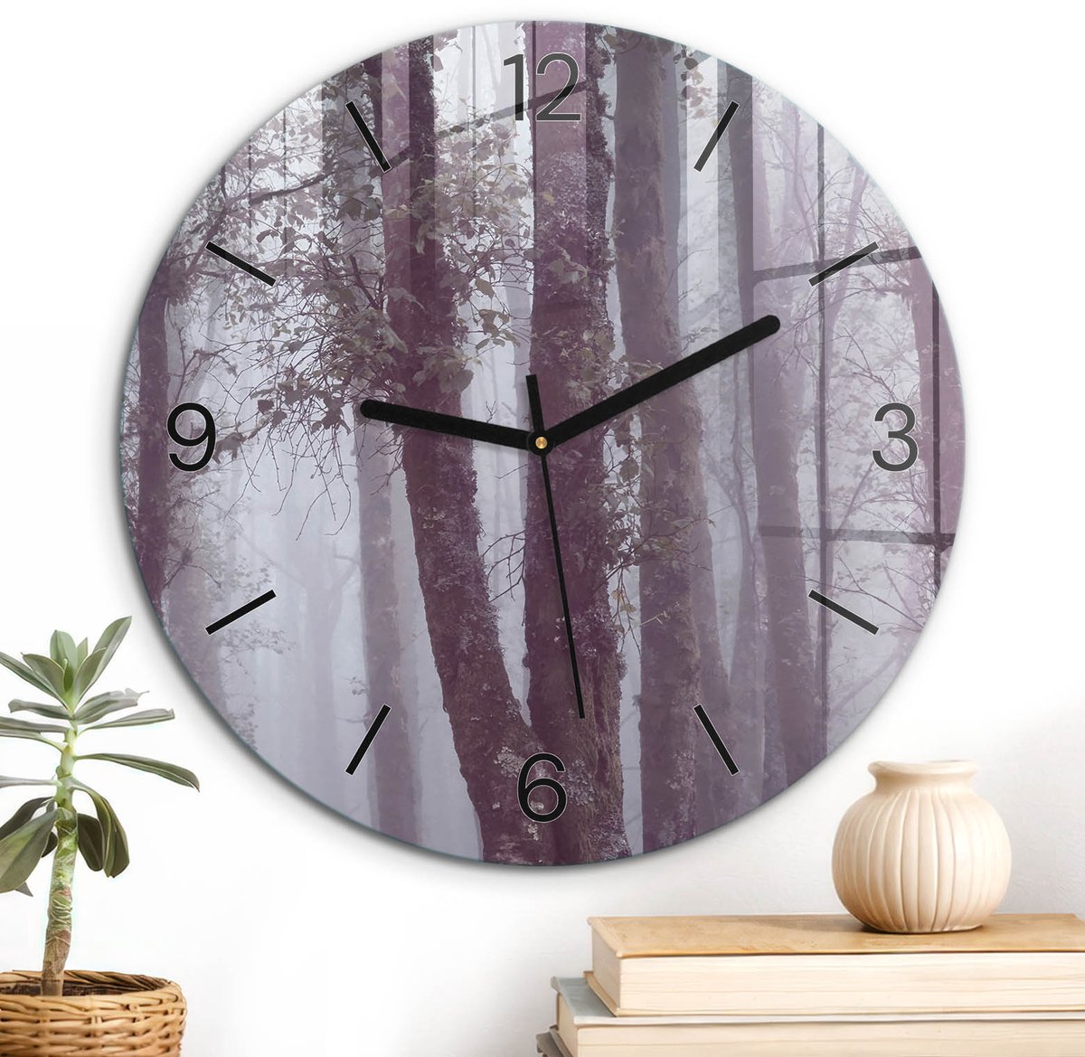 ArtPrintCave Grijs Glazen Klok - Wandklok 30 cm - Muurklok Rond - Mysterieus Bos Stille Wandklok - Landschappen Wandklok Keuken - Zwarte Klokwijzers