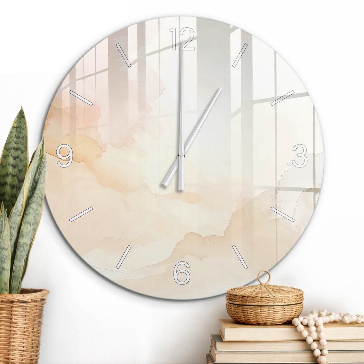 ArtPrintCave Beige Glazen Klok - Wandklok 60 cm - Muurklok Rond - Pastelkleurige Aquarelverf Stille Wandklok - Achtergronden En Patronen Wandklok Keuken - Witte Klokwijzers