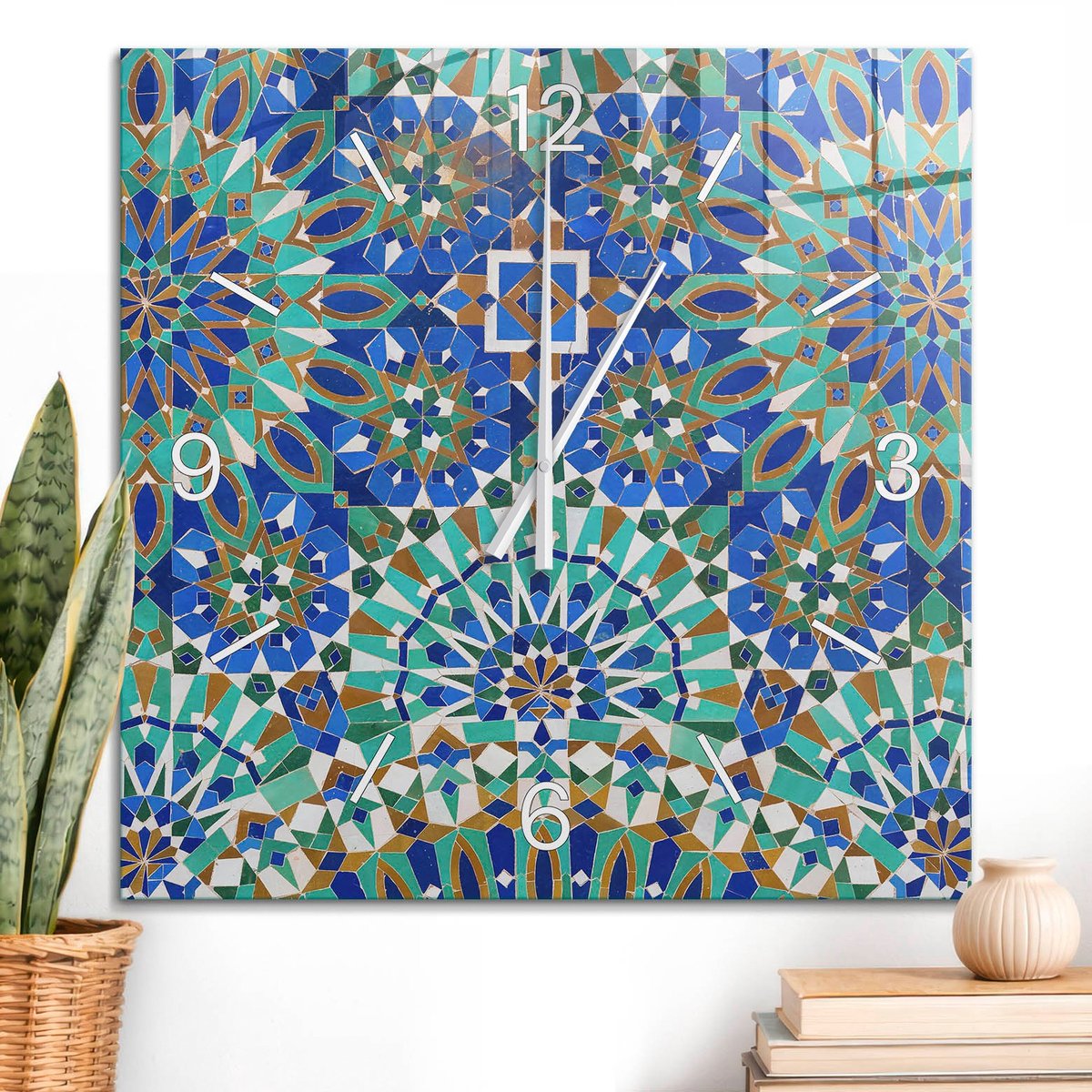 ArtPrintCave Blauw Glazen Klok - 60x60 cm - Wandklok Vierkant - Kleurrijk Mozaïek Wandklok Keuken - Abstractie Unieke Klok - Witte Klokwijzers