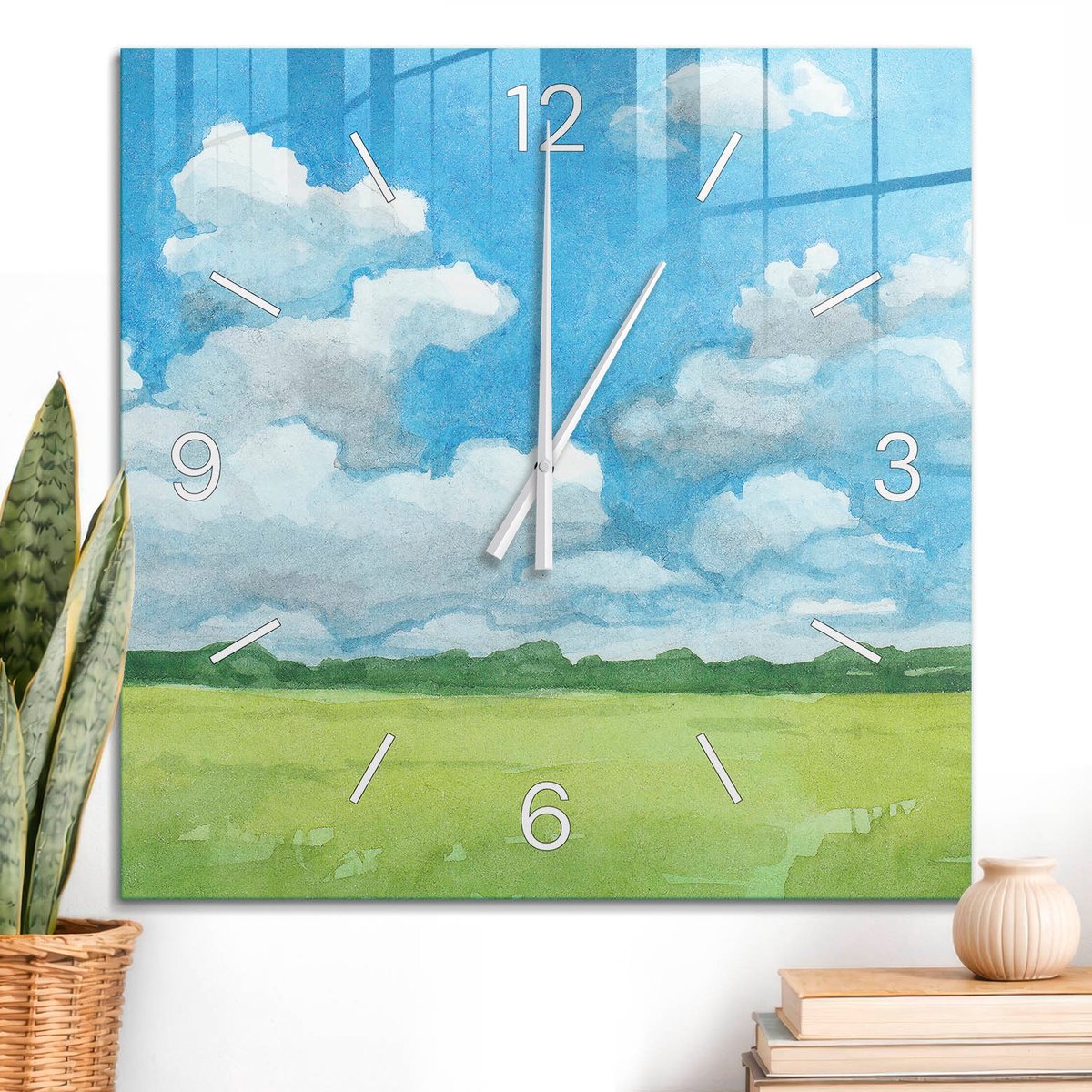 ArtPrintCave Blauw Glazen Klok - 60x60 cm - Wandklok Vierkant - Zomerpanorama Stille Wandklok - Natuur Wandklok Keuken - Witte Klokwijzers