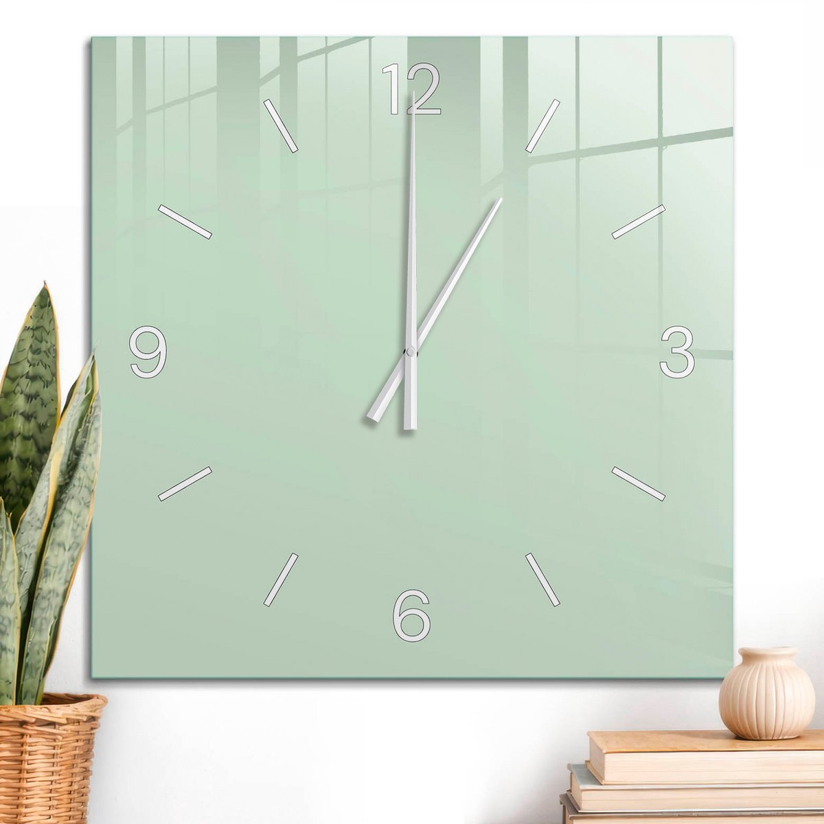ArtPrintCave Groene Glazen Klok - 60x60 cm - Wandklok Vierkant - Mintgroen Wandklok Keuken - Abstractie Unieke Klok - Witte Klokwijzers
