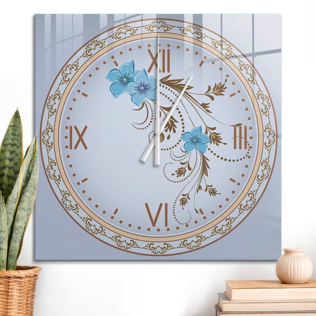 ArtPrintCave Blauw Glazen Klok - 60x60 cm - Wandklok Vierkant - Elegante Klok Wandklok Keuken - Bloemen En Planten Unieke Klok - Witte Klokwijzers