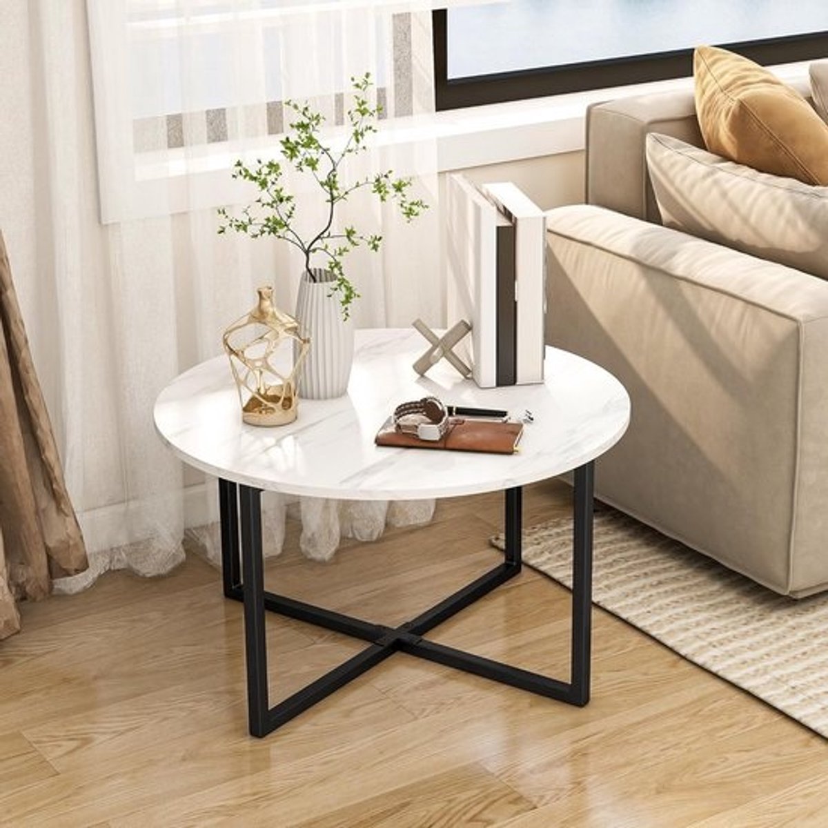 Ronde salontafel met metalen poten voor de woonkamer - zwart en wit