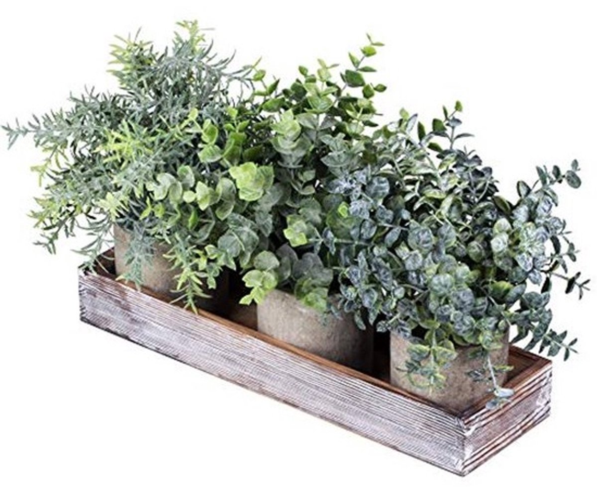 Set van 3 Mini Kunstplant Eucalyptus en Rozemarijn met Houten Pot voor Binnen