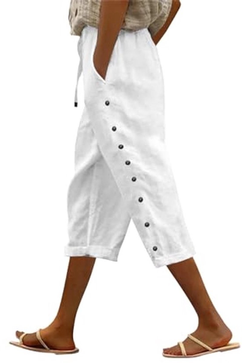 Linnen Capri Broek Dames met Elastische Taille - Lichtgewicht 3/4 Broek voor Zomer en Strand