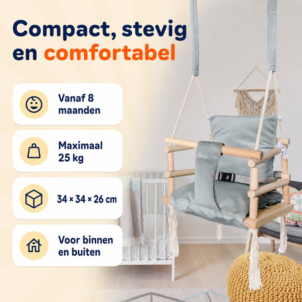 Trendmix Houten Babyschommel 3-in-1 – Meegroei Kinderschommel – Inclusief Ophanghaken – Vanaf 8 Maanden – Grijs — afbeelding 4