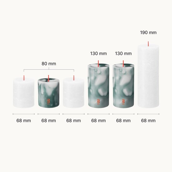 Afmetingen van 6 kaarsen: 3 witte en 3 marmergroene. Verschillende hoogtes en diameters.