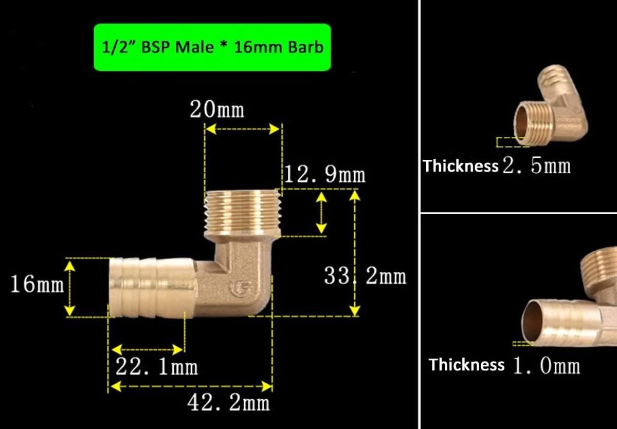90 Graden Messing Elbow Aansluiting, 1/2" BSP NPT Mannelijk Draad, Slang Aansluiting 16mm voor Tuin en Waterleidingen