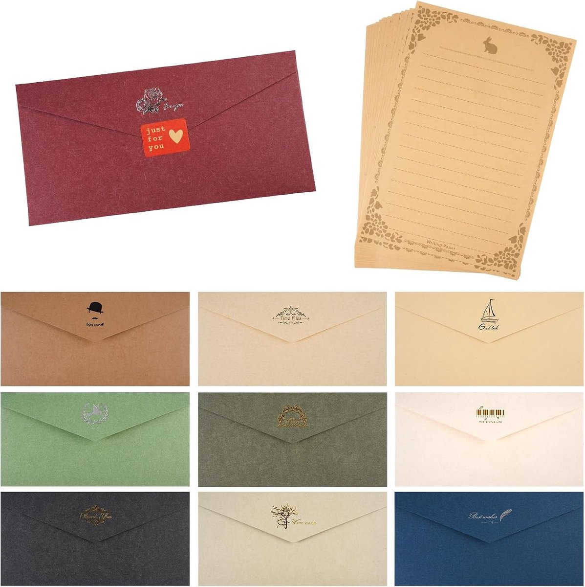 Vintage Kleuren Enveloppen Set van 10 Stuks, 22x11cm, Mini Kraft Enveloppen voor Cadeaukaarten, Wenskaarten en Liefdesbrieven, Perfect voor Verjaardagen en Bruiloften
