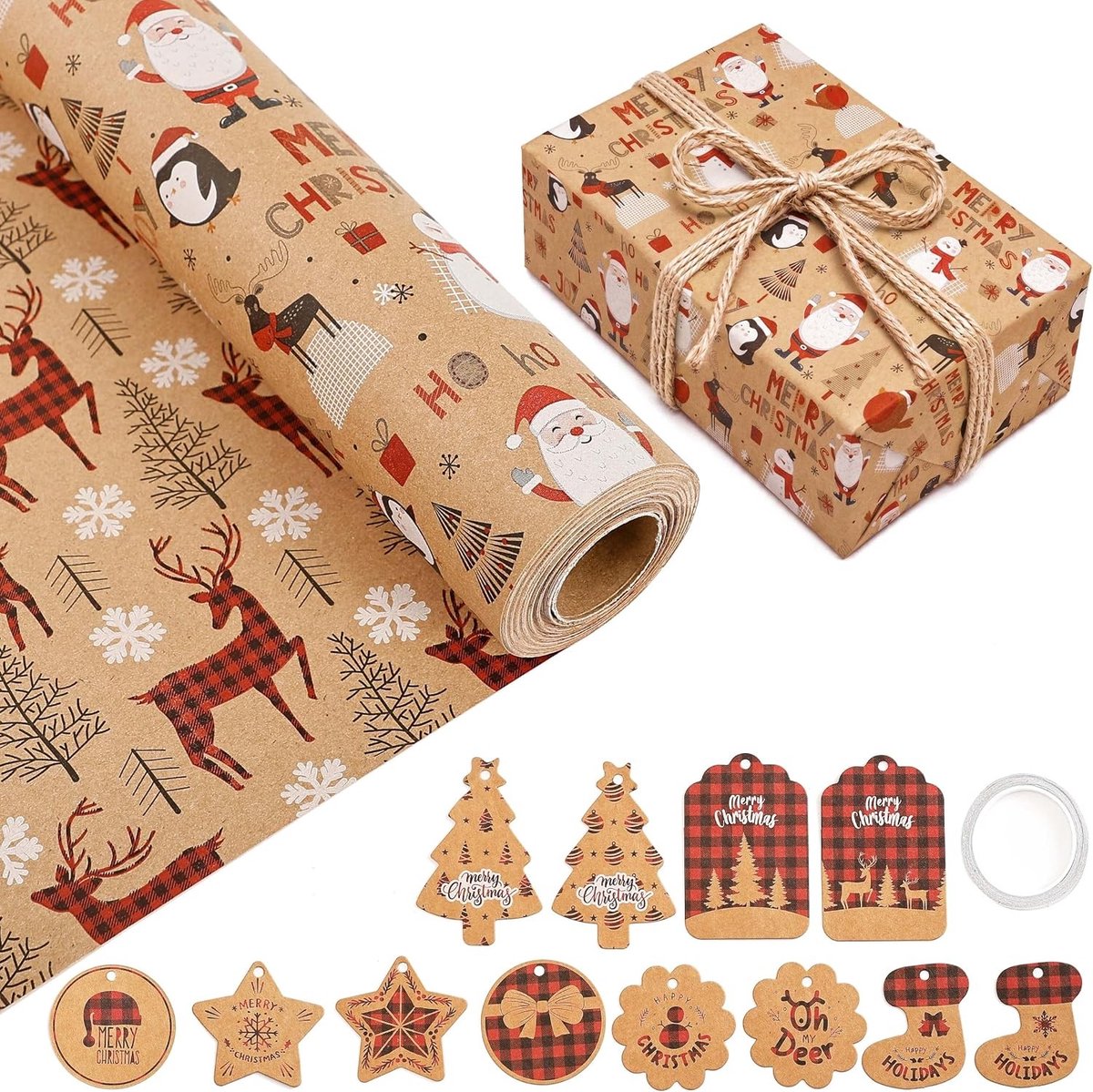 Kerst inpakpapier rol - 43 cm x 15 m - Dubbelzijdige kerstcadeauverpakking met Cadeaulabels en Jute Touw - Kraftpapier met Rendier en Kerstman