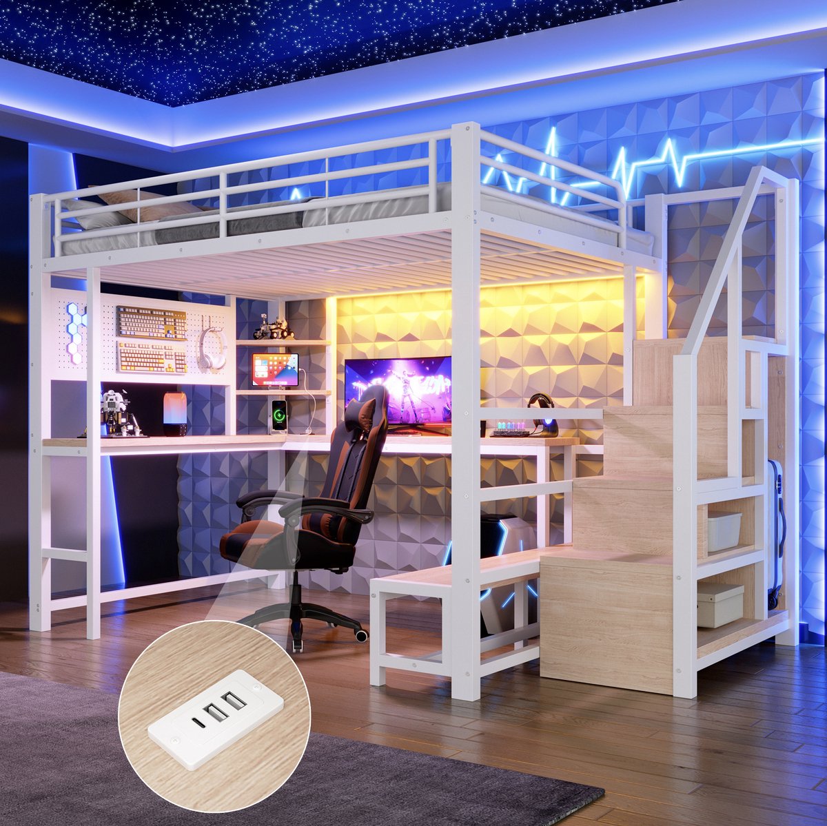 MIVRAY Hoogslaper 140x200cm - Bed Met Bureau En Opbergruimte - Met LED Verlichting En USB-C Opladen - Met Matras - Wit - Metaal En MDF