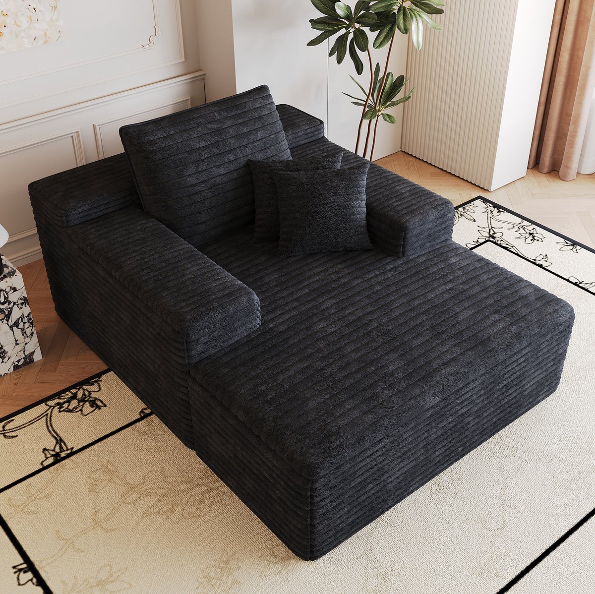 Wishdor Chaise longue - 1-zits ribstof met armleuningen - Zonder montage - Zwart - Voor woonkamer slaapkamer - Boneless modulaire bank - 115 x 159 x 83 cm