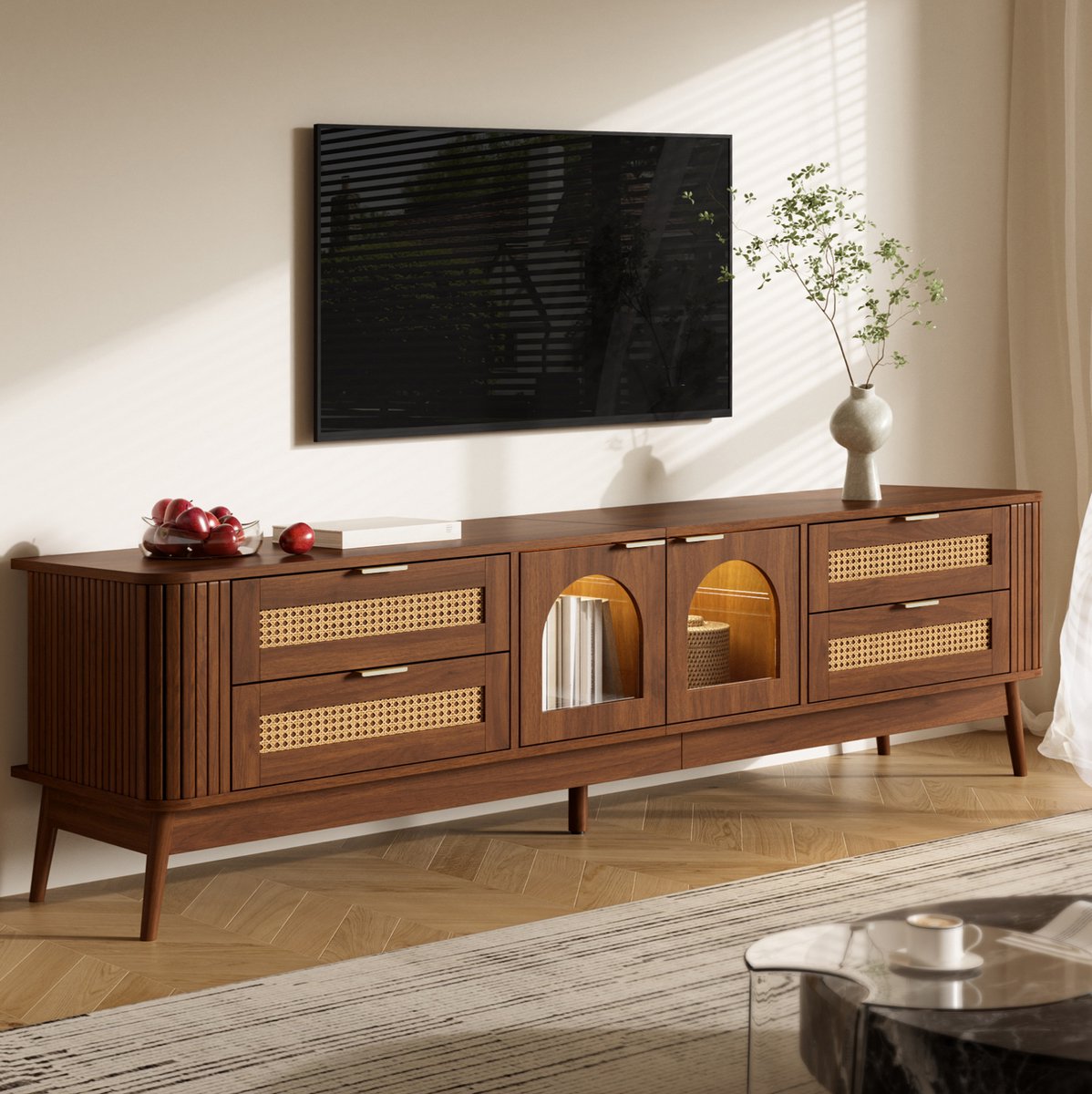 TV Meubel - 4 Lades En 2 Deuren Met Veiligheidsglas En LED - Voor Woonkamer - Spaanplaat - Walnoot - 180 Cm