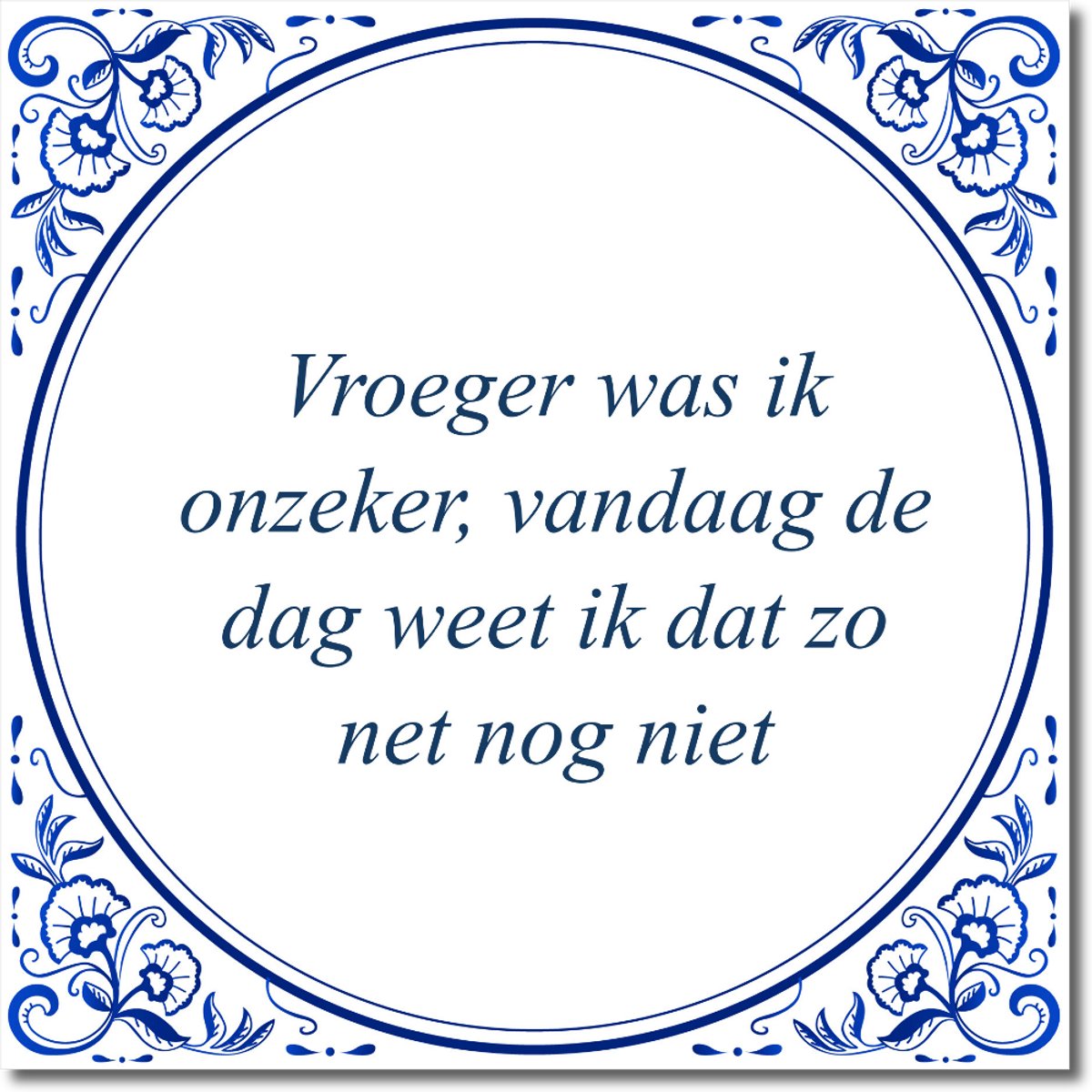 De Tegeltjesfabriek Tegeltje: Vroeger was ik een twijfelaar, maar nu ben ik daar niet meer zo zeker van (met hangertje) wit en blauw