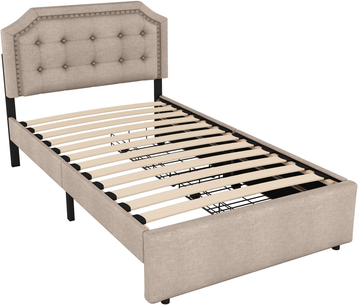 WUVRIE Eenpersoonsbed 90x200 cm met verstelbaar hoofdeinde, dubbele lades en lattenbodem, beige/bruin