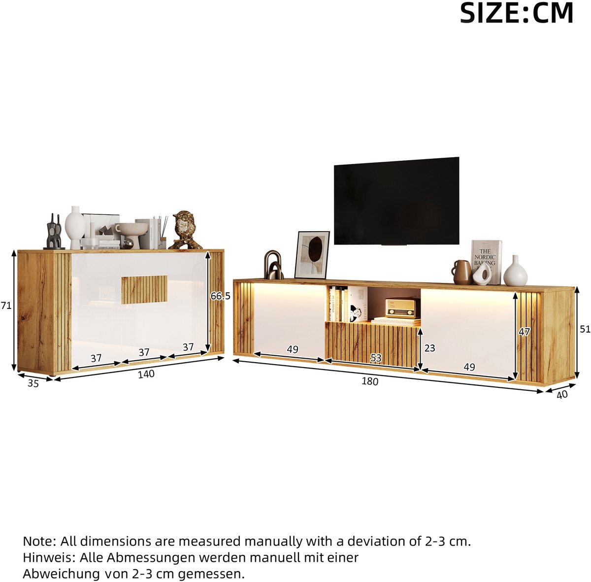 REDOM - Woonkamerset - 2-delige set met tv-meubel en dressoir - Bluetooth LED en push-to-open - MDF en spaanplaat - Wit + Naturel - 180 x 40 x 51 / 140 x 35 x 71 cm