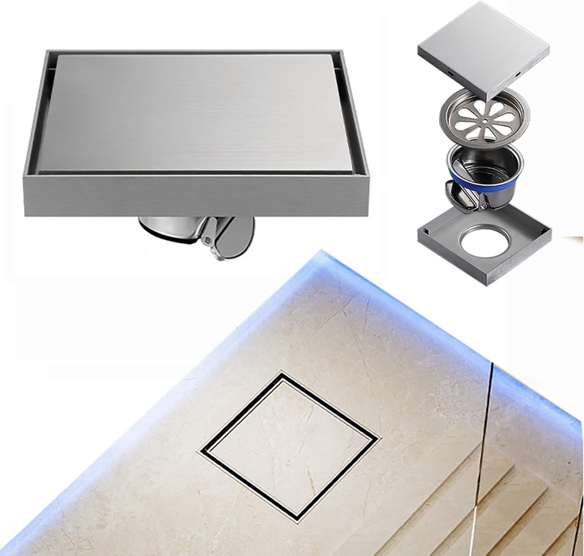 Flat en Tilbare Doucheafvoer 15 x 15 cm met 360° Sifon, Geur- en Haarfilter van RVS voor Inloopdouche