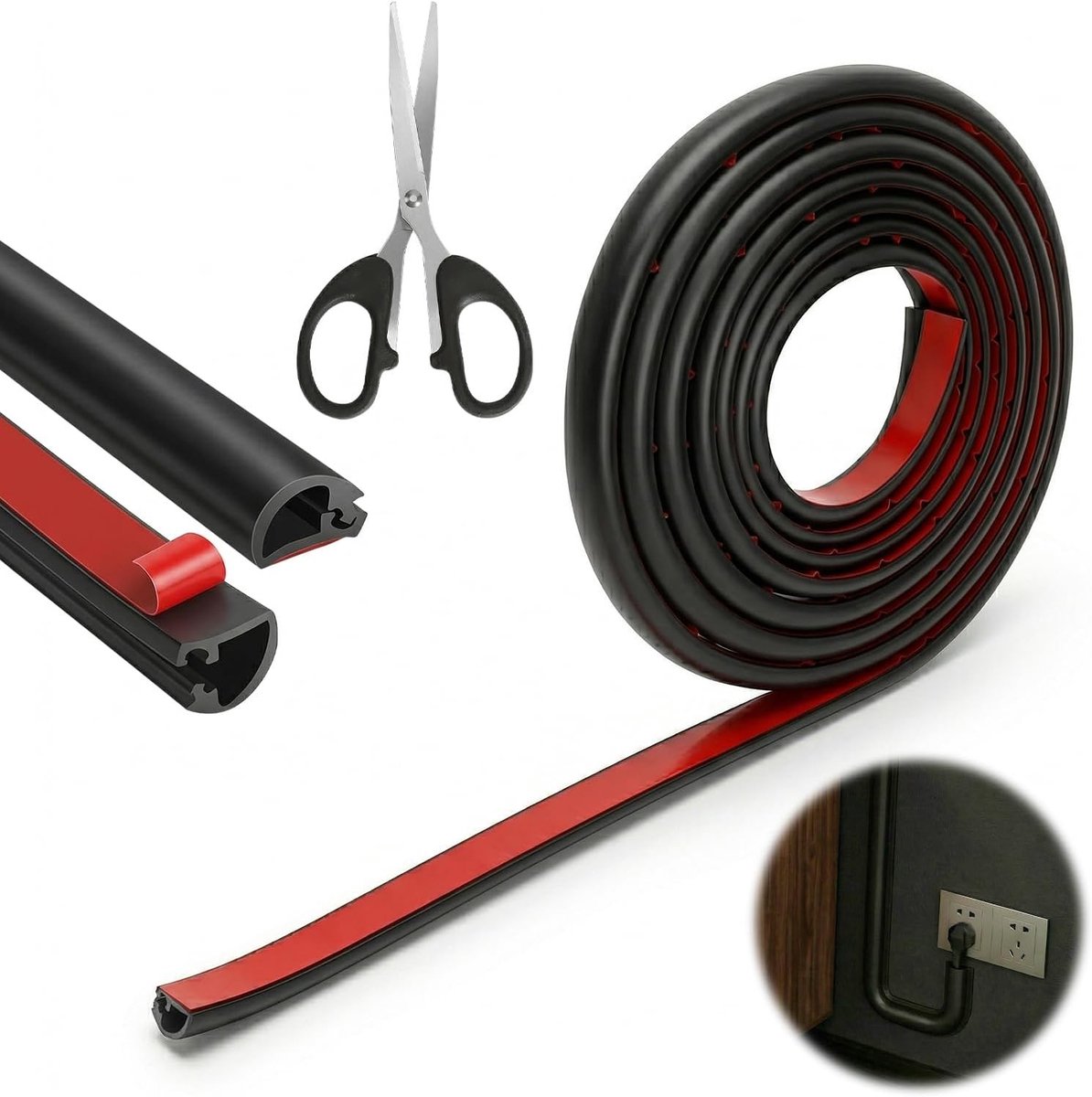 Mini kabelgoot zwart - flexibele kabelgoot voor het verbergen van kabels, platte kabelgoot en kabelsteun voor wand, vloer en tegels, 3 m, ideaal voor thuis en kantoor