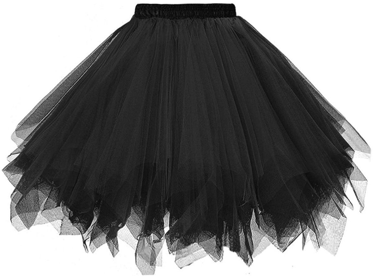 Vintage jaren 50 petticoat onderrok - Korte 3-laagse tule tutu-rok met elastische taille - Zachte voering, knielang ca. 52 cm, L - Voor ballet, rockabilly, trouwjurken, baljurken en cosplay - Zwart