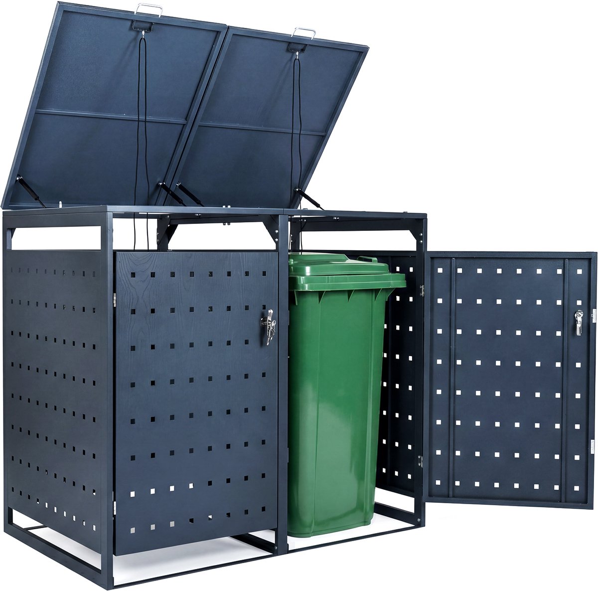 COSTWAY Vuilniscontainerbox 2-delig tot 240L, vuilniscontainerverkleding van metaal voor 2 vuilnisbakken, vuilnisbak met klapdeur, afsluitbare deuren & 4 sleutels, gereedschapsbox voor buiten, grijs