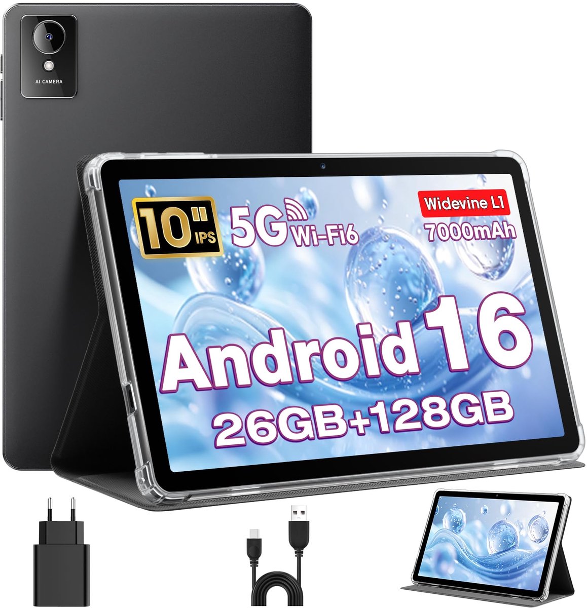 Tablet 10 Inch, Android 16 Tablet met Etui, Unisoc T606 CPU, 26 GB RAM + 128 GB ROM + 1 TB TF, 1280x800 HD IPS-Scherm - ShopVlot