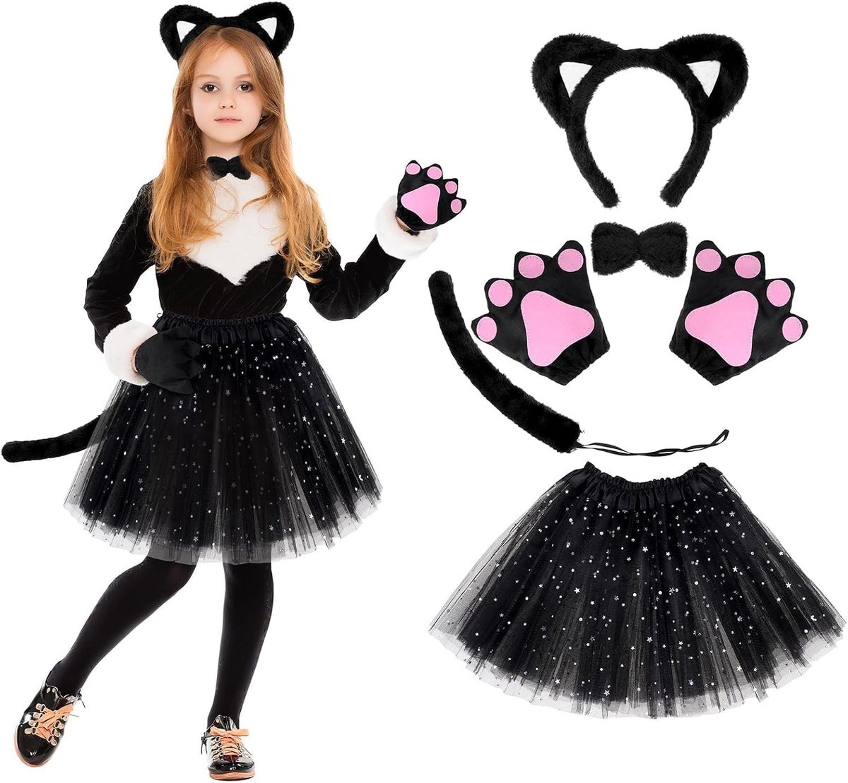 Zwarte Kat Cosplay Set voor Kinderen, 6-delig Kostuum voor Carnaval en Feestjes, Dierenkostuum voor Meisjes