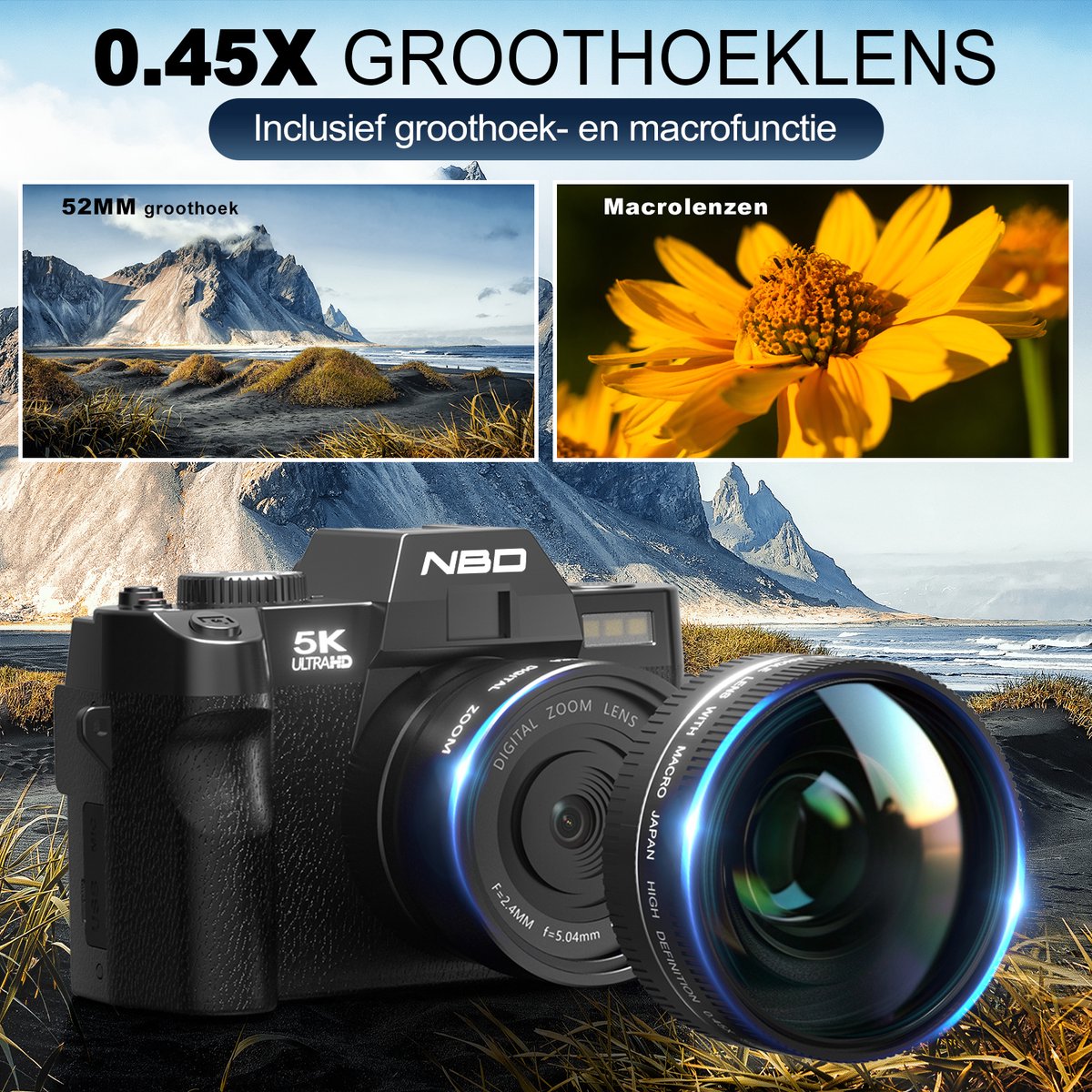 NBD S100 Digitale Camera - 5K - 64MP - 16X Digitale Zoom - Optische Zoeker - WiFi - 180° Draaibaar Scherm - Compact Camera voor Reizen - Microfoon - LED Licht - 3 Kleurenfilters - 0.45X Supergroothoeklens - Handgreepstatief - Zwart thumbnail 6