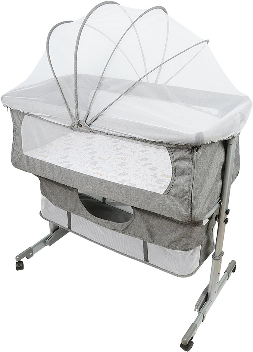 PIPIPOXER Co Sleeper- Peuterbed -3D anti-compressie katoenen matras - Babybedje tot 50 kg - Baby Bed - Baby Wieg Inclusief Matras & Mosquitonet – Verstelbare Hoogte - 4 wielen met rem - Grijs