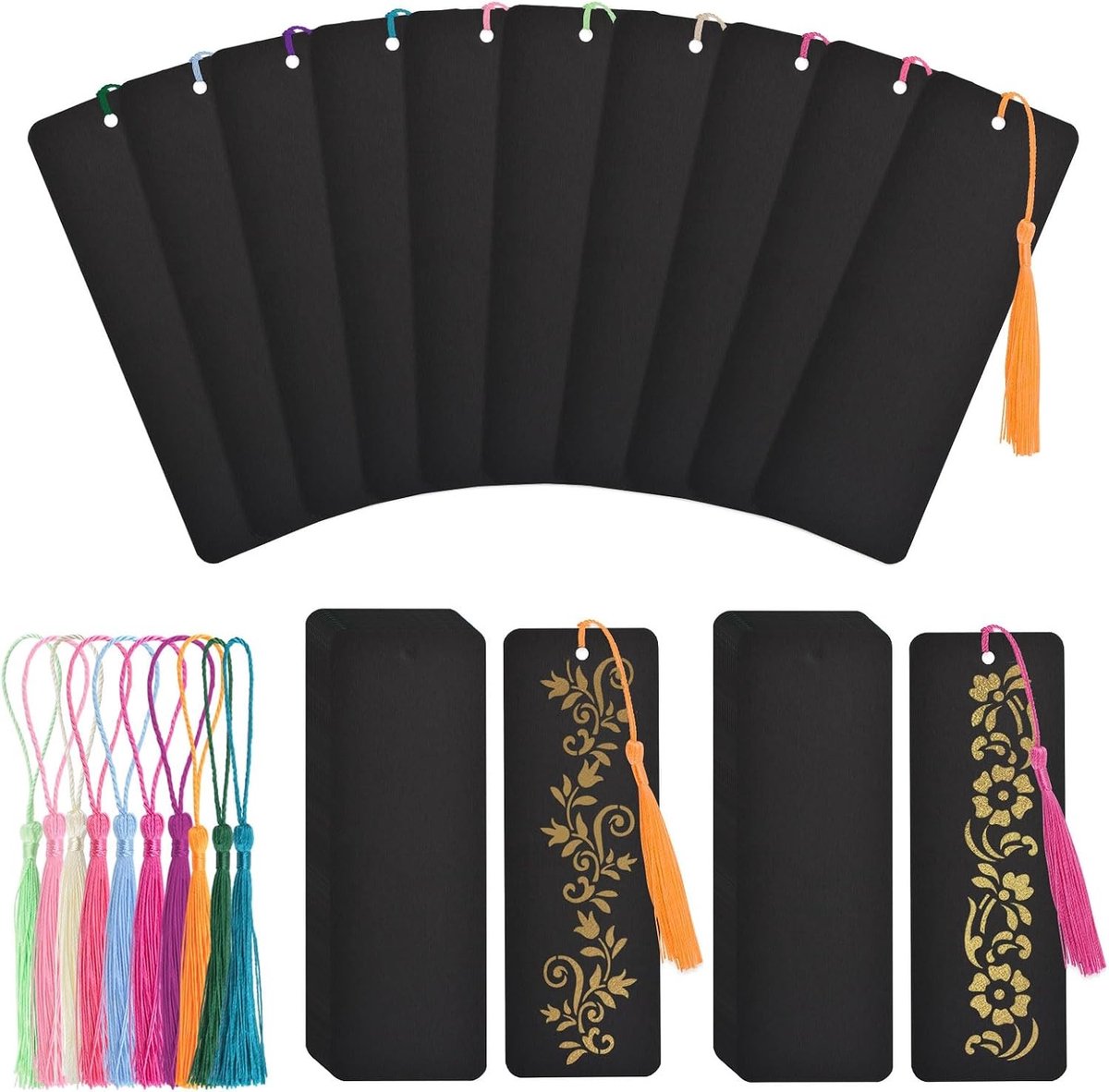 Set van 60 zwarte boekenleggers met 60 kleurrijke franjes voor DIY-projecten en cadeau-ideeën