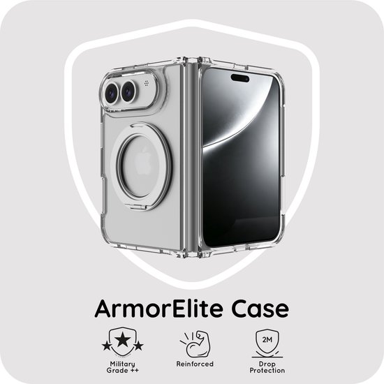 ArmorElite transparant hoesje met MagSafe-ring, Military Grade-label en versterkte hoeken.