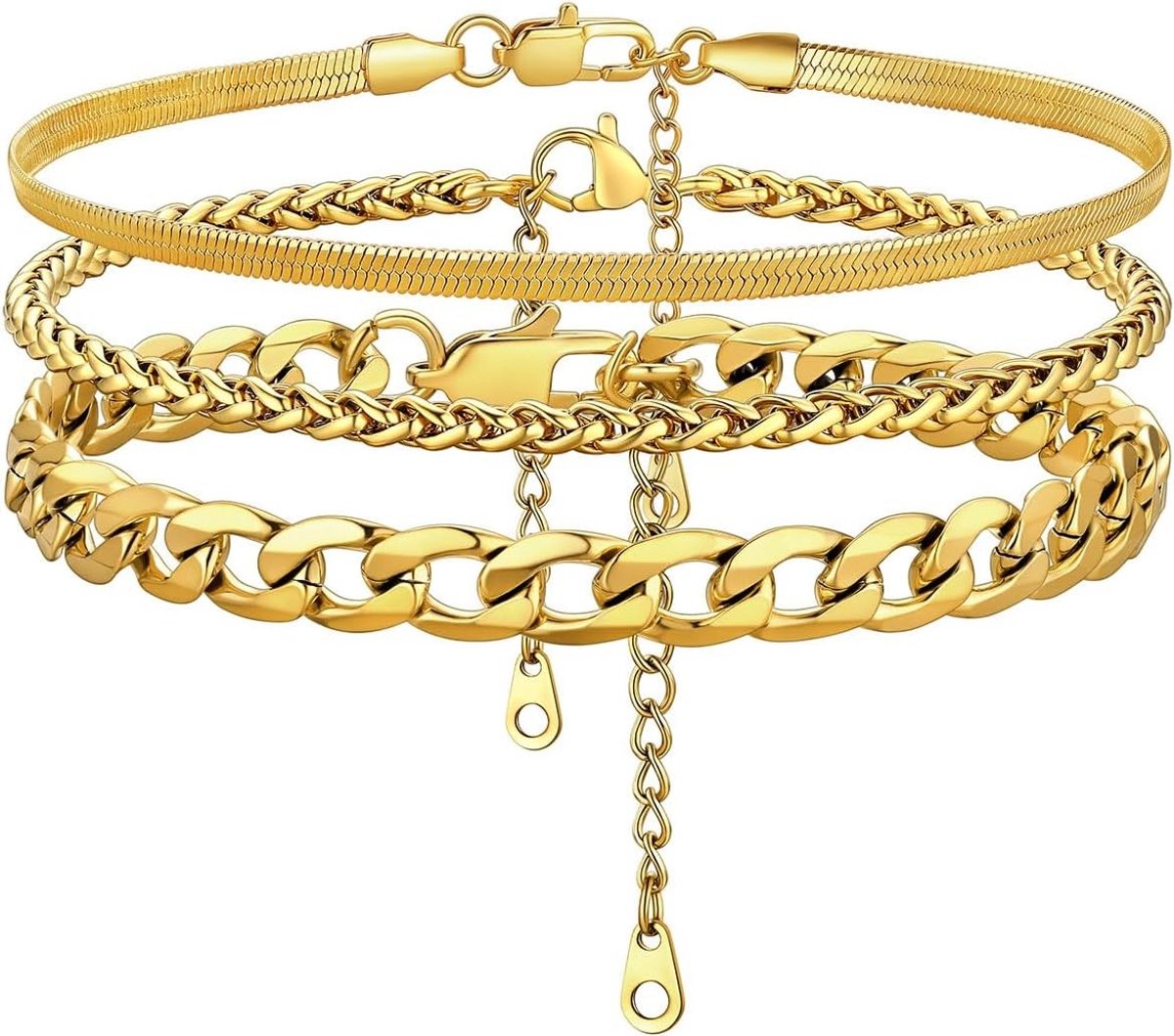 3-delige Dames Enkelketting met Curb Chain in Zilver, Goud en Zwart - Verstelbare RVS Enkelbandjes voor Zomer en Strand, 22 cm + 5 cm