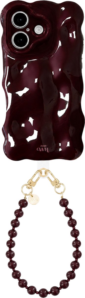 xoxo Wildhearts Bubbly case Burgundy - Burgundy Muse (kort koord) - geschikt voor iPhone 17 - Hoesje met telefoonkoord - golvend hoesje met kralenketting - Telefoonhoesje met afneembaar koord - schokbestendig - Bordeaux rood / Burgundy