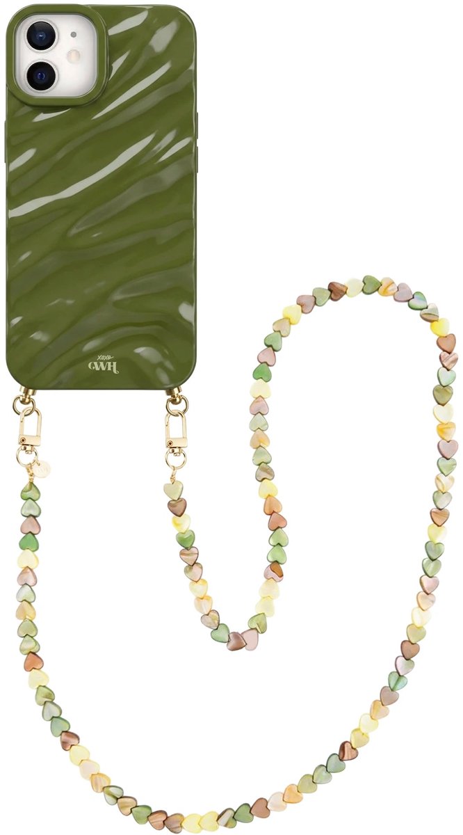 xoxo Wildhearts Green Glaze telefoonhoesje met koord - geschikt voor iPhone 11 - Shell Hearts Olives (lang koord) - Dream hoesje met telefoonkoord - Glimmende silicone case met plooien - Hartjesketting - Groen