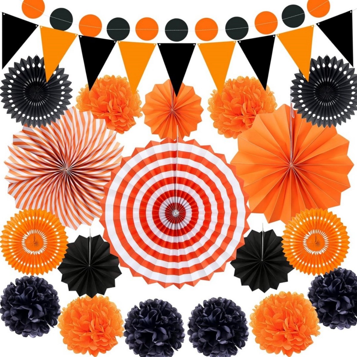 Halloween Decoratie Set - Zwart en Oranje - 20 Stuks - Papieren Waaiers - Papierbloemen - Cirkelslingers - Driehoekige Vlaggenlijn - Hangdecoratie voor Halloween Feest