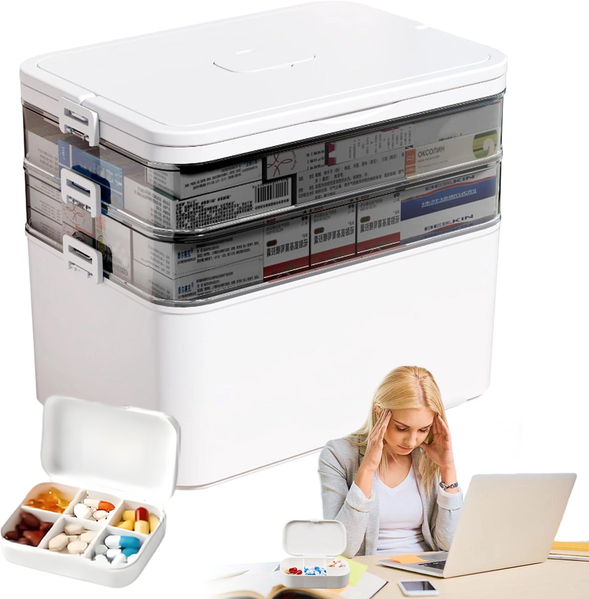 3 Lagen Medicijnendoos - Pillen Organizer Draagbaar - Multi-Level Opbergbox - 30x16,5x24 cm - 6 Sluitingen Verdikte - Luchtdicht & Stofdicht - Voor Medicijnen & Cosmetica & Kantoor