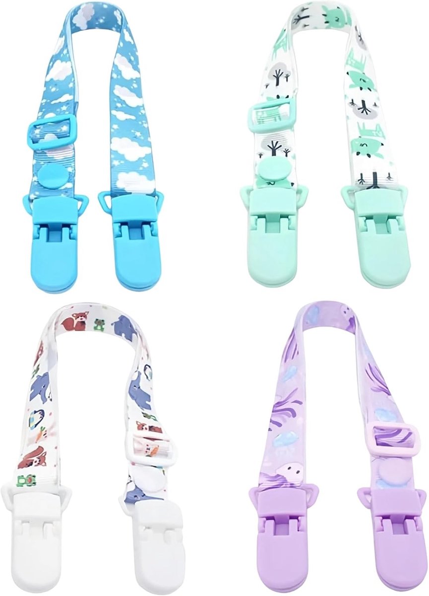 Verstelbare Servetclips met Kleurige Patroon - Mondwater Clip en Lanyard voor Volwassenen en Kinderen - 4 Stuks voor Eenvoudig Gebruik