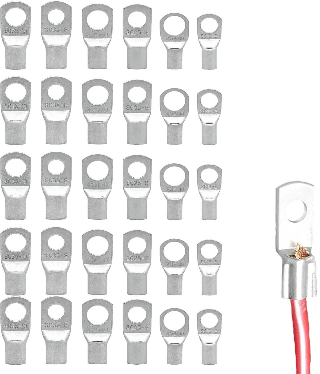 30 Crimping Lugs en Tube Lugs voor Hoge Stroomverbindingen, 16 mm², 25 mm² en 35 mm², Ideaal voor Elektrische Installaties en Verbindingen