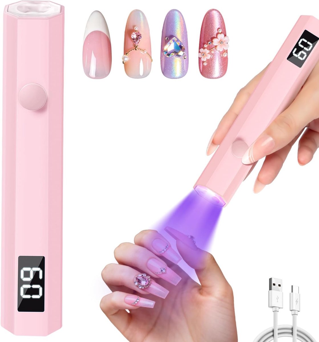 Draagbare UV-nagellamp - Compacte LED - Nageldroger - Sneldrogende nagellaklamp - Digitaal display - Draadloos ontwerp -gel - Geschikt voor nagelsalons, thuis en op reis - Mini-nagellamp - Draagbare nagellamp - Nageldroger - Nagellamp - Roze