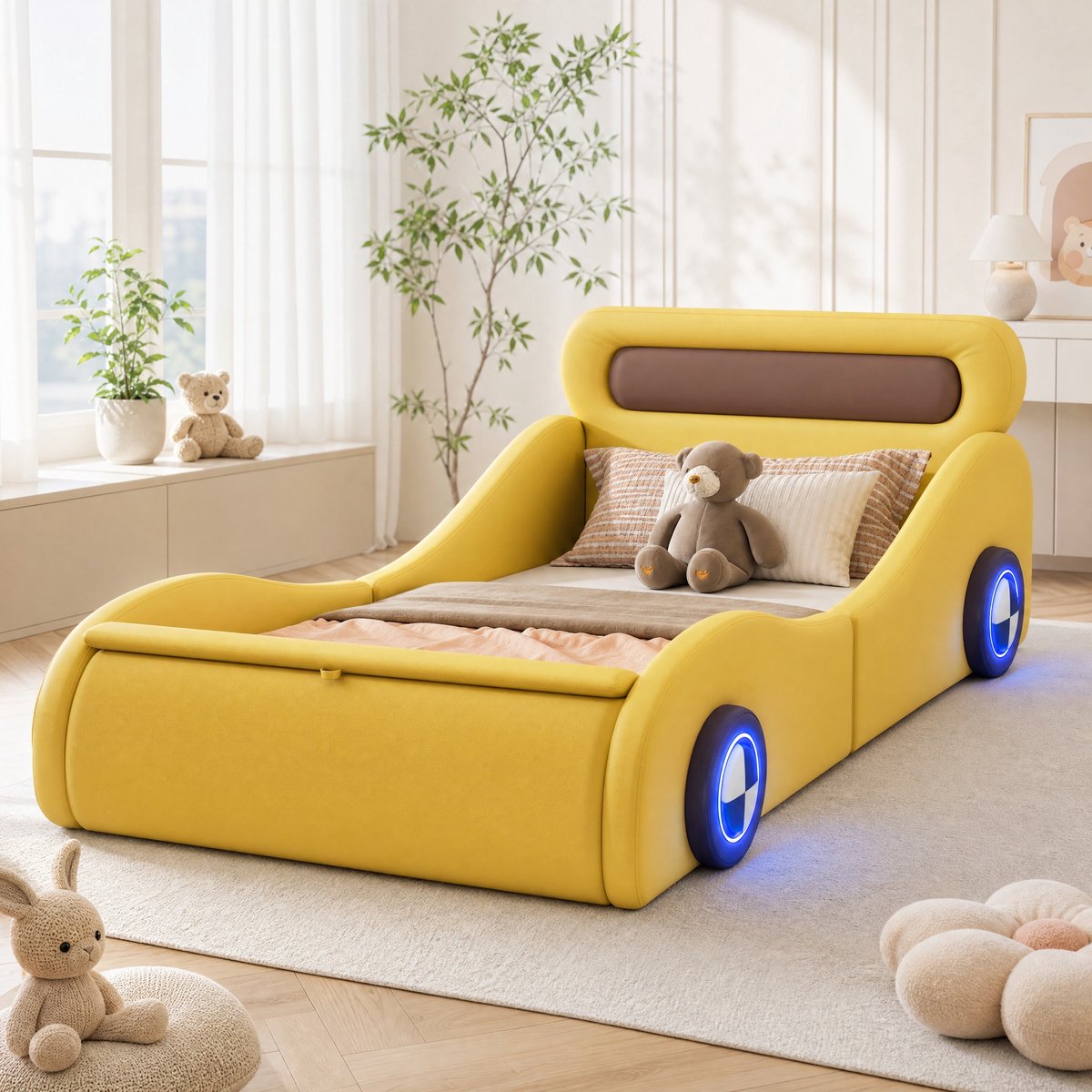 MIVRAY Kinderbed 90x200 cm - Autobed Met Verlichte Wielen en Opbergruimte - Zonder Matras Voor Kinderkamer en Jeugdkamer - Kunstleer - Geel