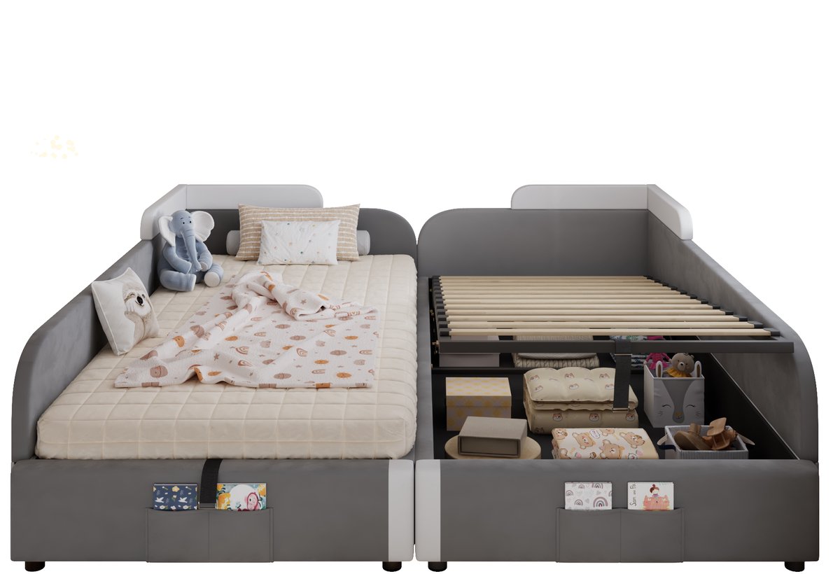 Gestoffeerd Kinderbed - Hydraulisch Bed Met Opbergruimte - Zachte Uitvalbeveiliging - Handig Opbergvak - Twee Matrassen - Kinderkamer - 90x200 cm - Grijs