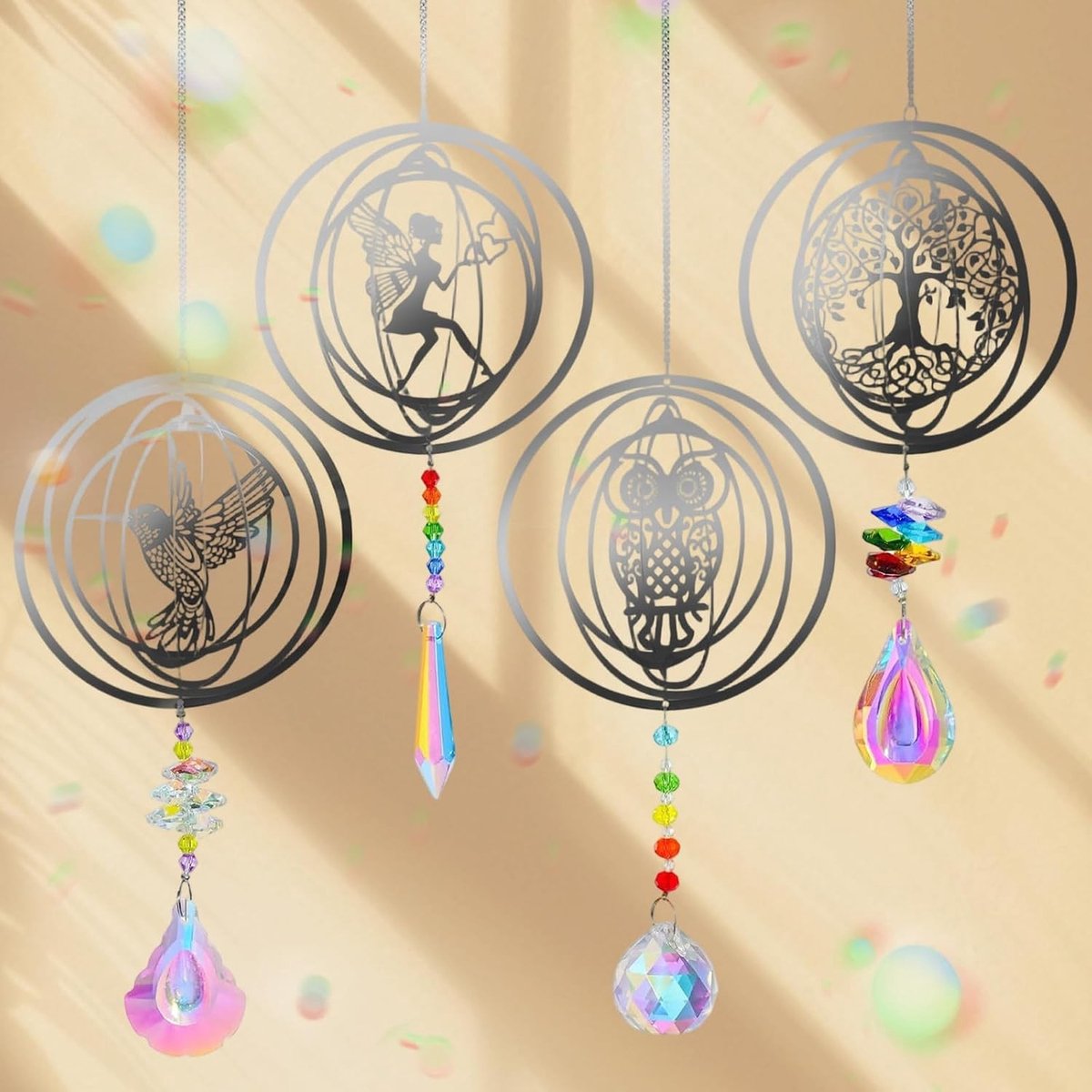 Kleurrijke Kristallen Zonvangers, 4 Stuks Hummingbird, Uil en Fee voor Raamdecoratie en Tuinaccessoires