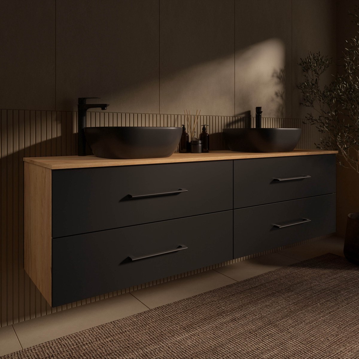 Planetmöbel LUX Dubbel Badmeubel 180 cm 2x Wastafel 42 cm Zwart