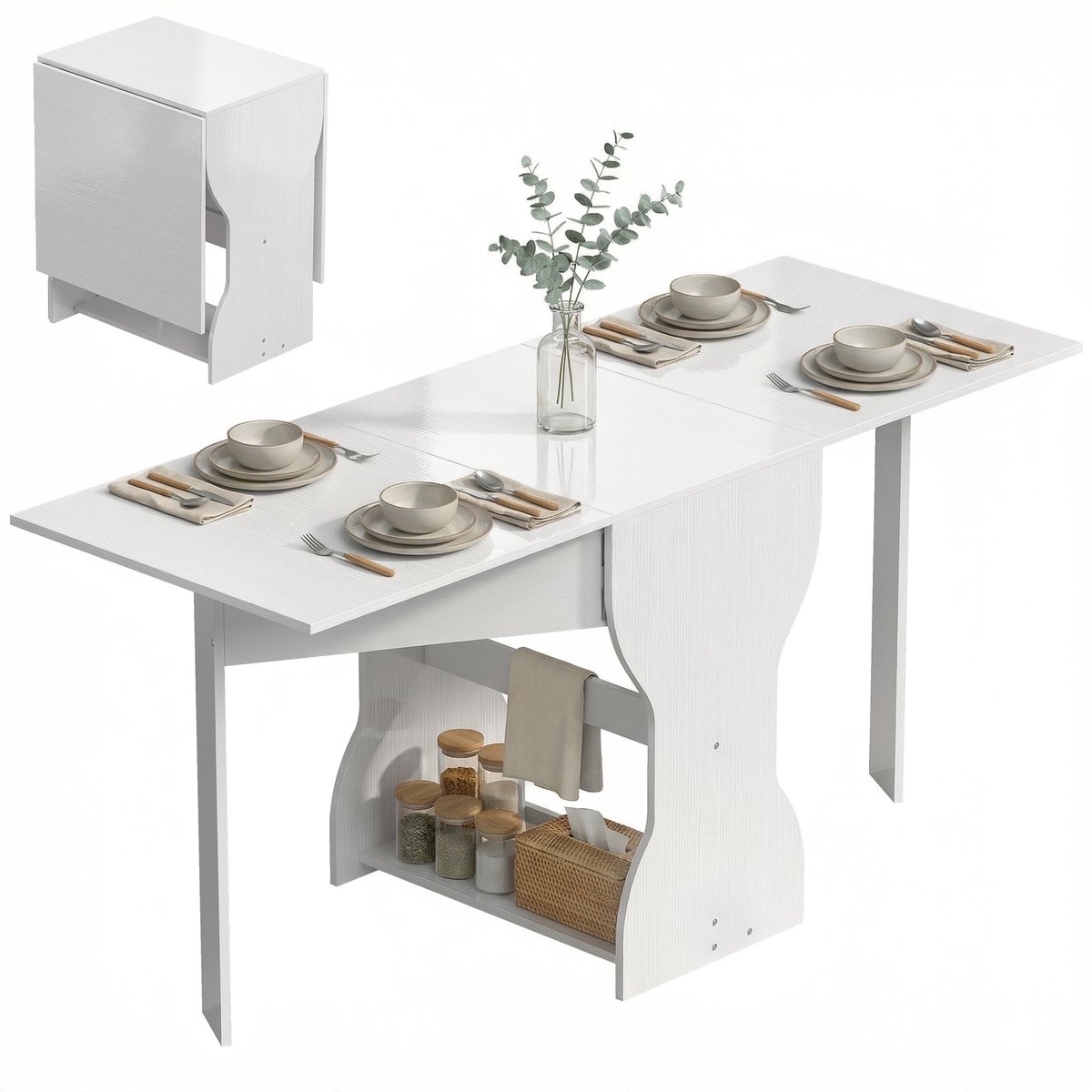Homcom Klaptafel voor 4 Personen - Inklapbare Eettafel met Opbergrek - Ruimtebesparende Consoletafel - Wit