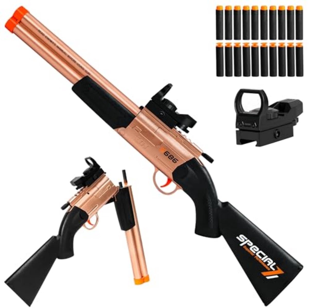 Casalora Double Barrel Shotgun Foam Blaster - Elektrisch Speelgoedgeweer met 20 Zachte Pijltjes - Inclusief 10 Zuigpijltjes en 10 Schuimpijltjes - Met Vizier - Veilig EVA Schuim - Perfect Cadeau voor Jongens 8-12 Jaar - Blauw