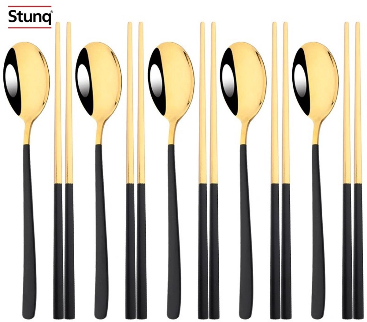 Stunq® Bestekset Zwart Goud - 10-delig RVS Eetstokjes Vork Lepel Koreaans Servies