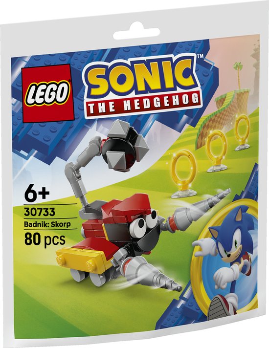 LEGO Sonic de egel 30733 Badnik Skorp. Rode en zwarte robot met grijze grijper, gepantserde staart en Sonic op de verpakking.