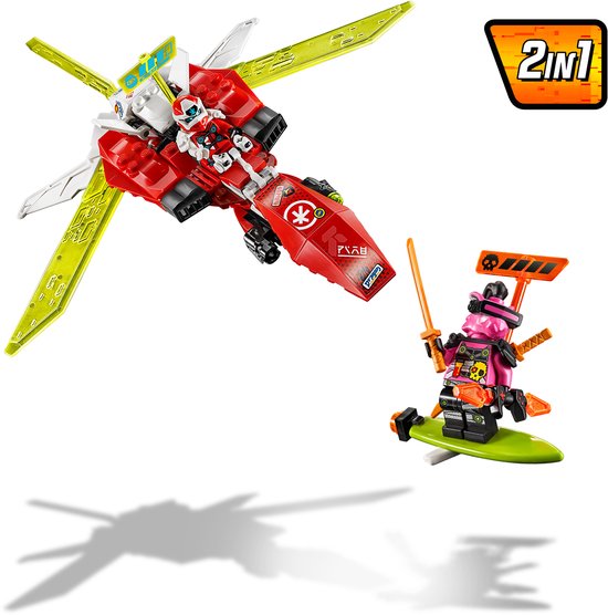LEGO Kai's Mech Jet set met een rood-gele jet, een minifiguur in cockpit en een vijand op een surfboard met 2-in-1 icoon.