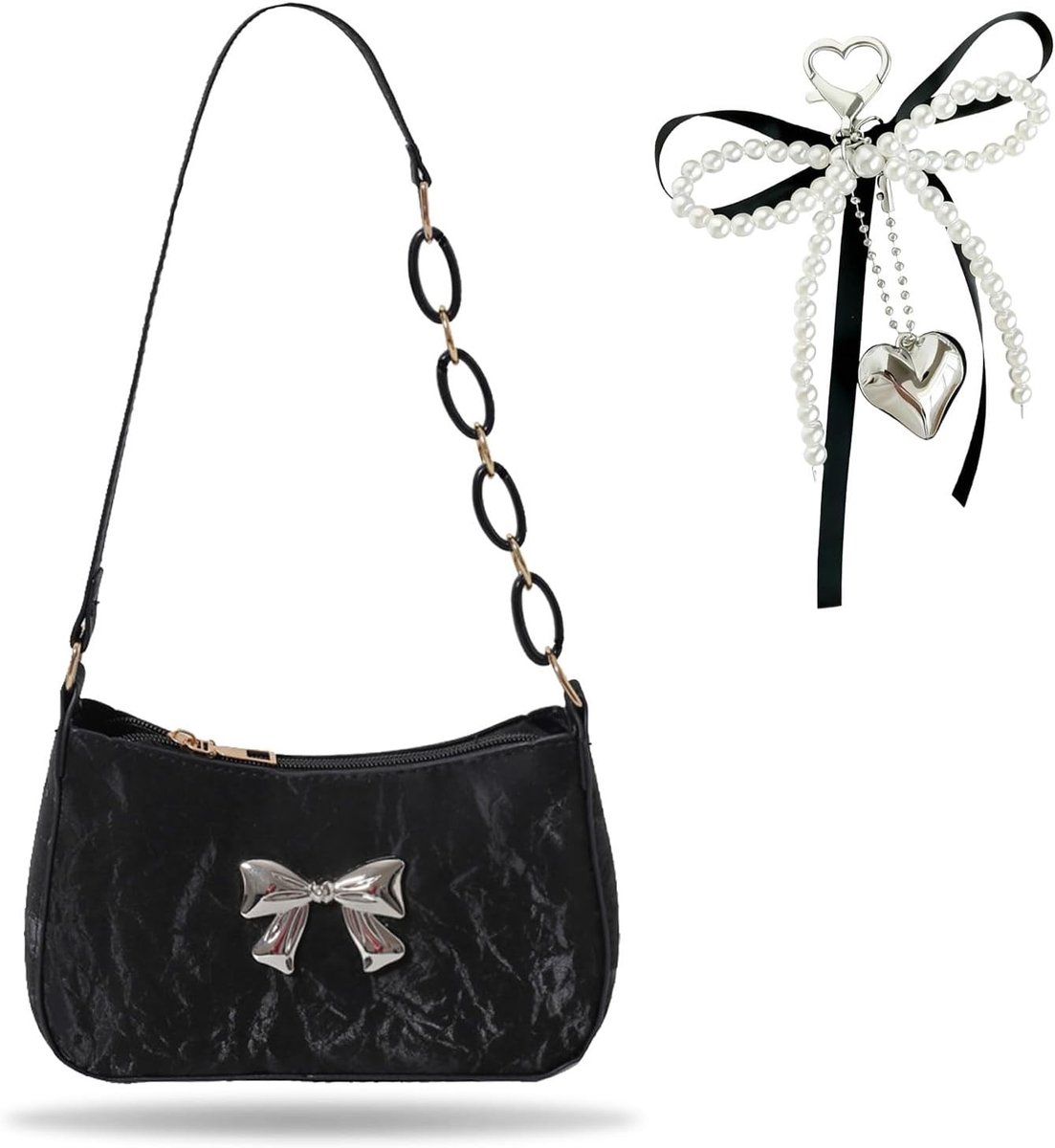 Elegante Schoudertas voor Vrouwen, Kleine Handtassen, Y2K Stijl met Vlinderprint, PU Crescent Tas met Sleutelhanger en Rits voor Feestjes en Winkelen