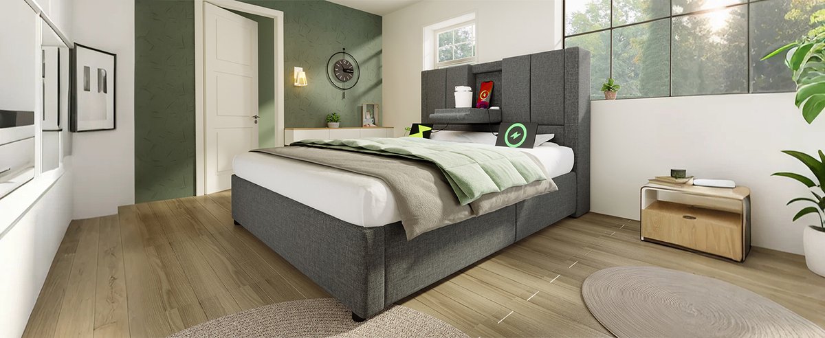 WUVRIE Normaal bed 90x200 cm met opklapbaar hoofdbord, bekerhouder en laadstation, grijs
